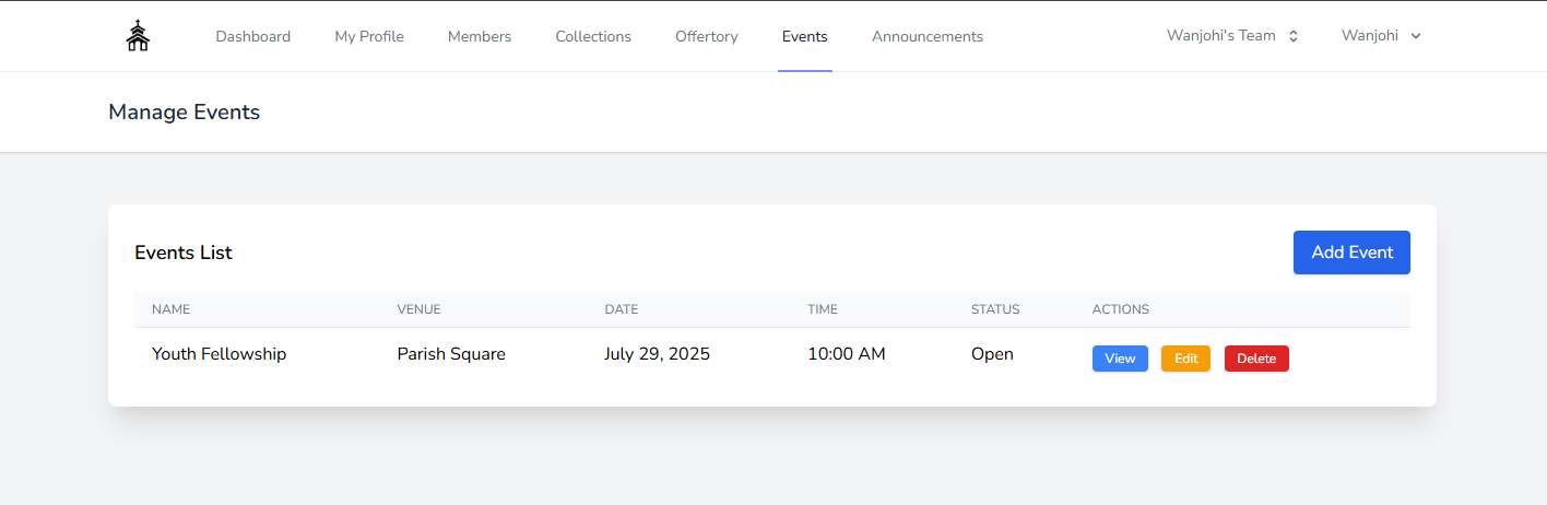 Events Management page
